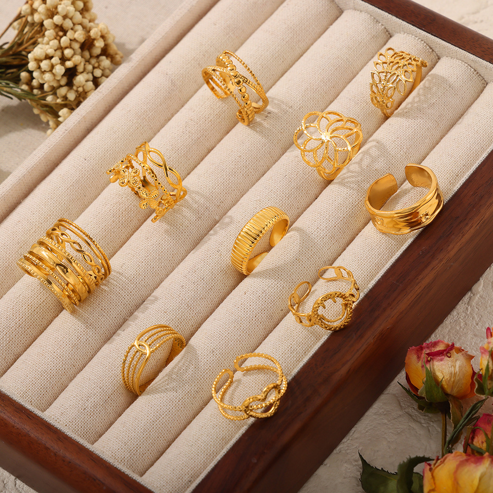 Hollow Geometric Stainless Steel Open Rings Gold Plated Adjustable Multi Layer Minimalist Fashion Jewelry For Women