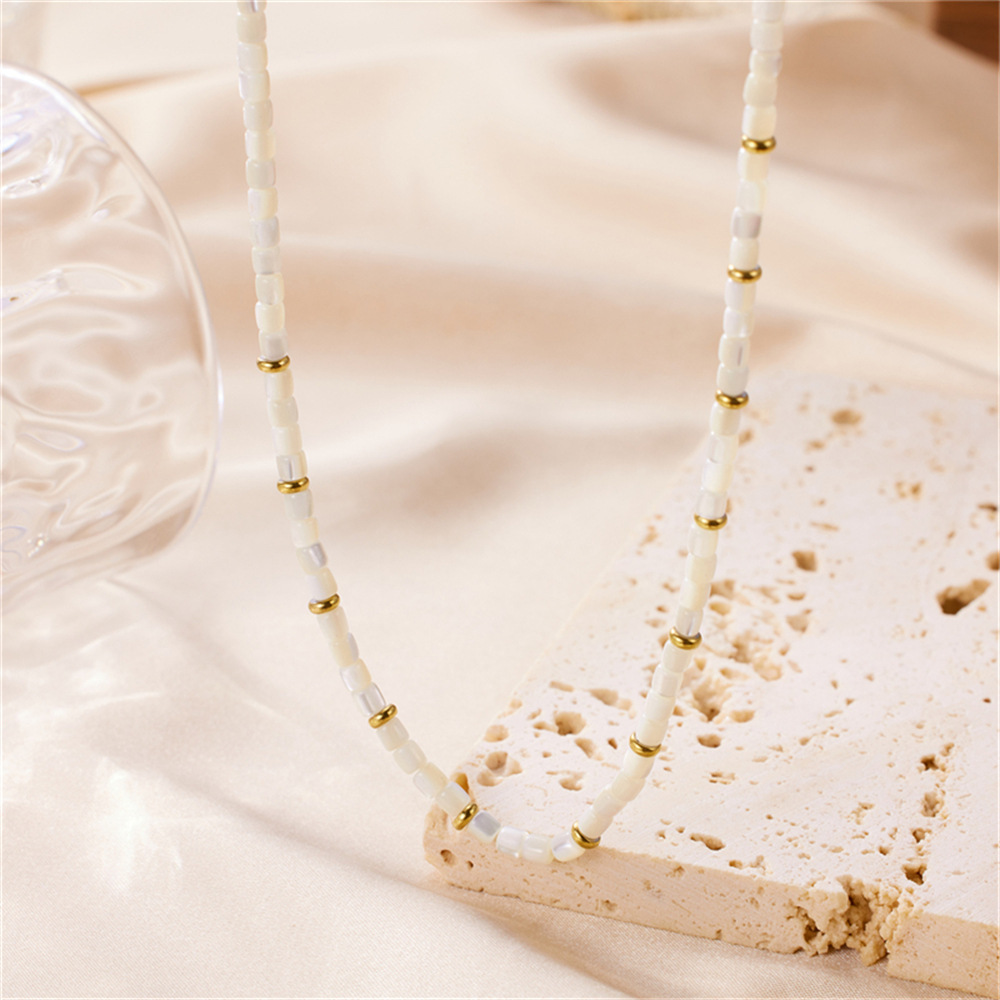 Elegant Beaded Necklace For Women French Vintage Mother Of Pearl Stainless Steel White Shell Beads Minimalist Jewelry