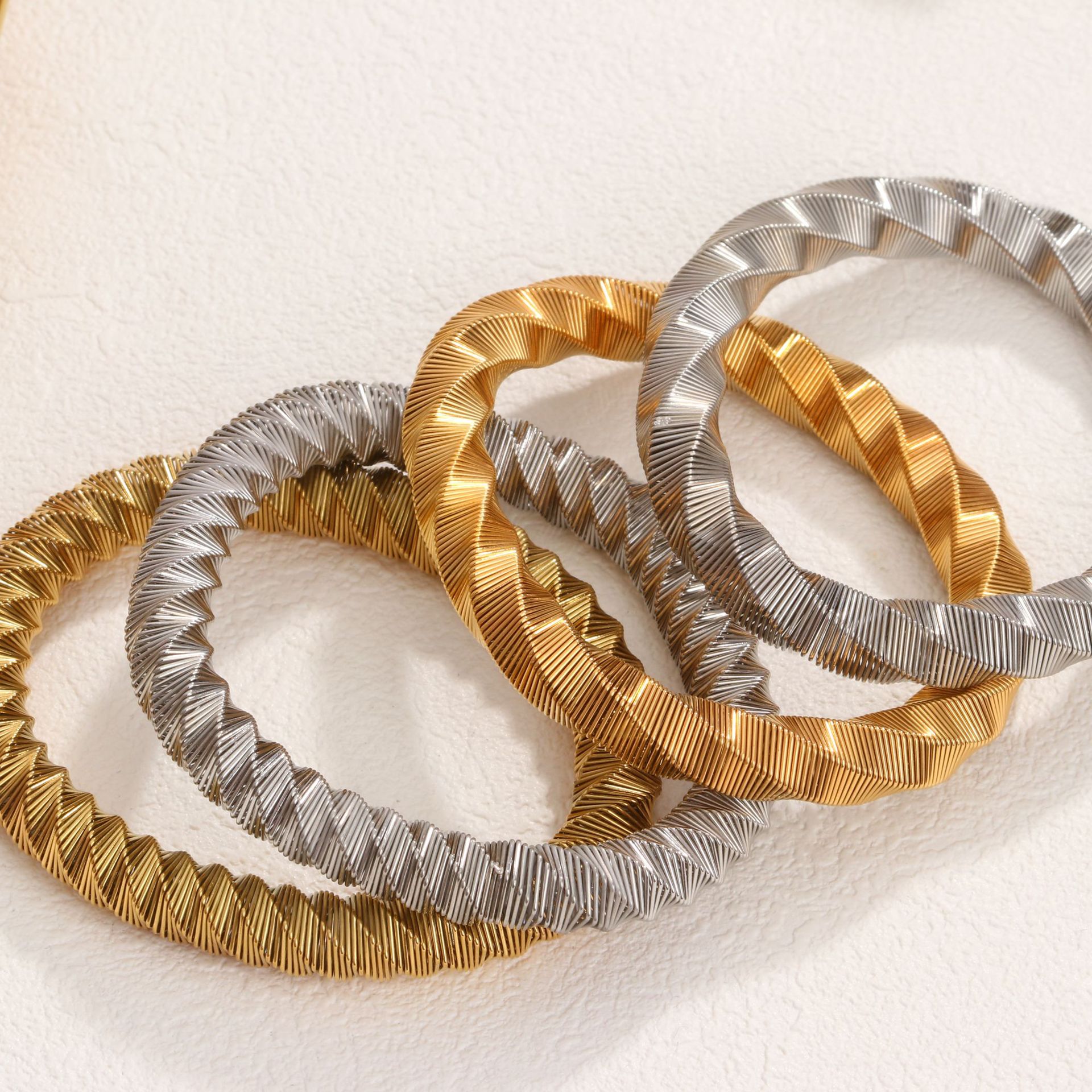 Minimalist Twisted Braided Bangle Bracelet Titanium Stainless Steel 18K Gold Plated Ribbed Wave Texture Cold Style Unisex