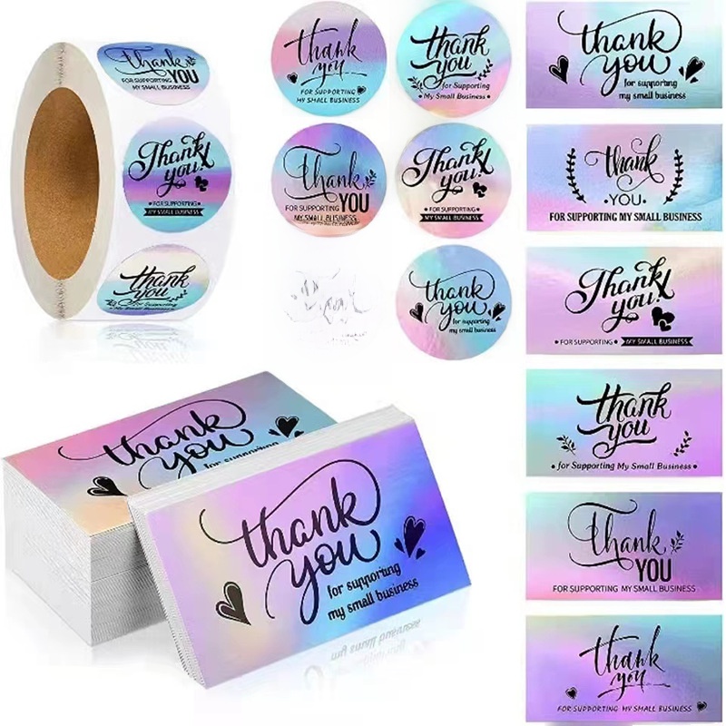 Holographic Laser Thank You Stickers and Cards Set Bronzing Small Business Support Sealing Labels for Wedding Gift Package Decoration Gradient Color Stationery