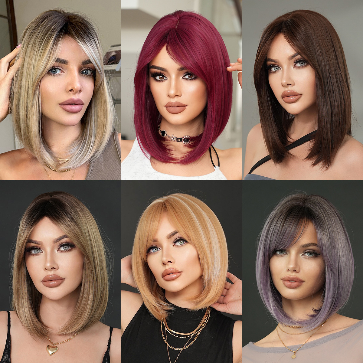 Short Straight Bob Wig Synthetic Heat Resistant Fiber Ombre Blonde Red Purple Shoulder Length Hair With Bangs For Women Daily Party Use Natural Looking