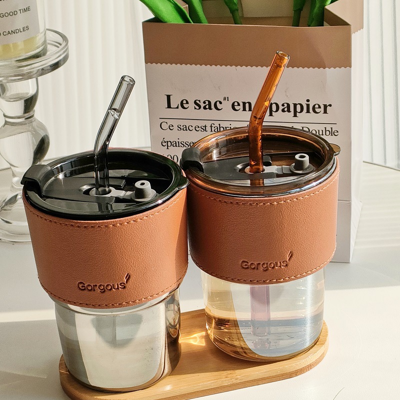 Bamboo Joint Glass Coffee Mug With Insulated Leather Sleeve And Straw Heat Resistant Transparent Amber Portable Drinking Cup For Office Home General Gift