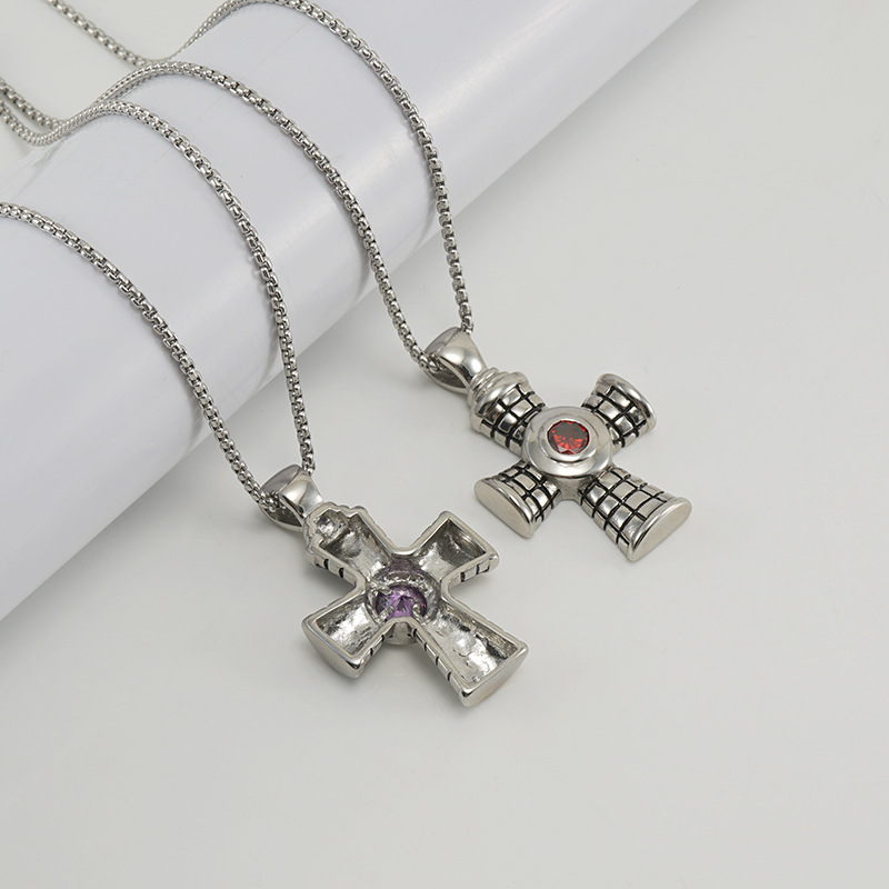 Vintage 316 Titanium Steel Cross Pendant Necklace For Men Women With Inlaid Colorful Zirconia Stainless Steel Box Chain Religious Miraculous Medal Jewelry Gift