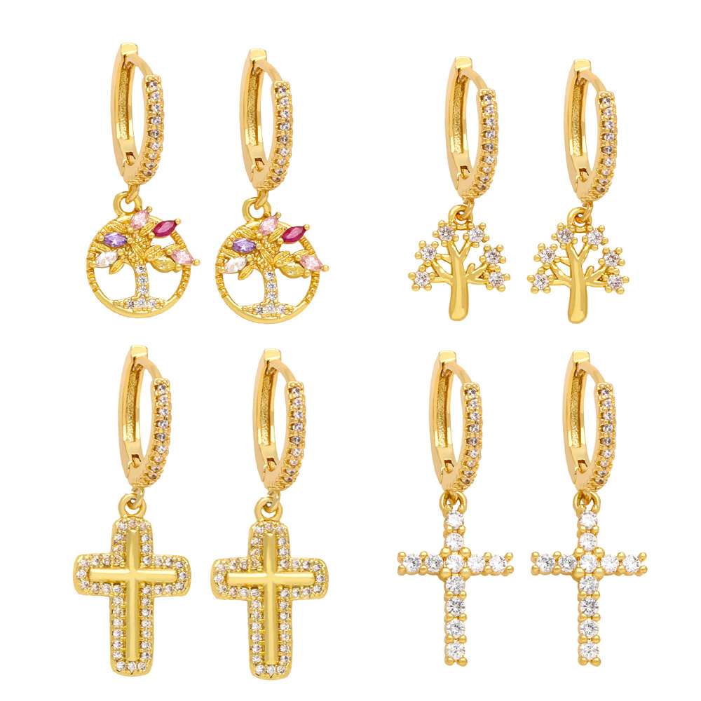 Fashion Gold Plated Copper Cross And Tree Of Life Drop Earrings With Cubic Zirconia For Women Minimalist Style