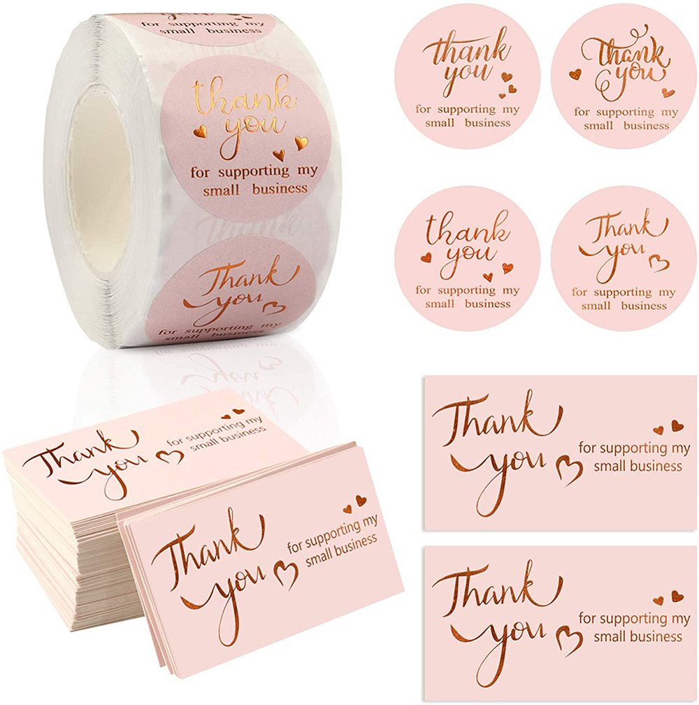 Pink Gold Foil Thank You For Supporting My Small Business Stickers 500PCS Roll And 50PCS Thank You Cards Set For Business Packaging Decor