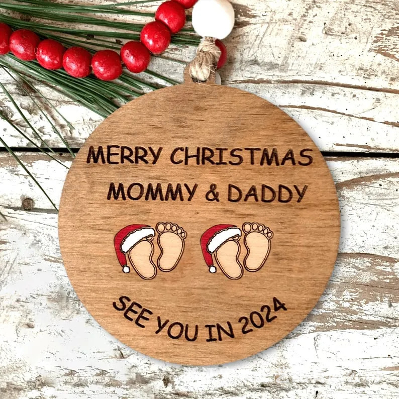 Christmas Tree Hanging Ornament Wood Acrylic Commemorative Plaque Mommy Daddy Grandma Grandpa First Christmas Baby Announcement Footprint Decor Gift