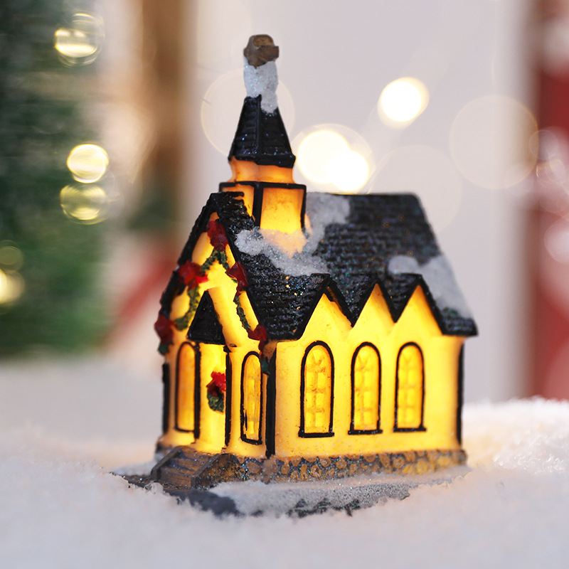 LED Christmas Light Up Resin Miniature Snow House Ornament Festive Desktop Church Model For Xmas Holiday Home Decor Gifts