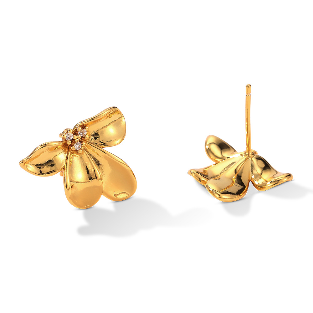 French Retro Irregular Kapok Flower Stud Earrings Copper Zircon With 925 Sterling Silver Earring Post