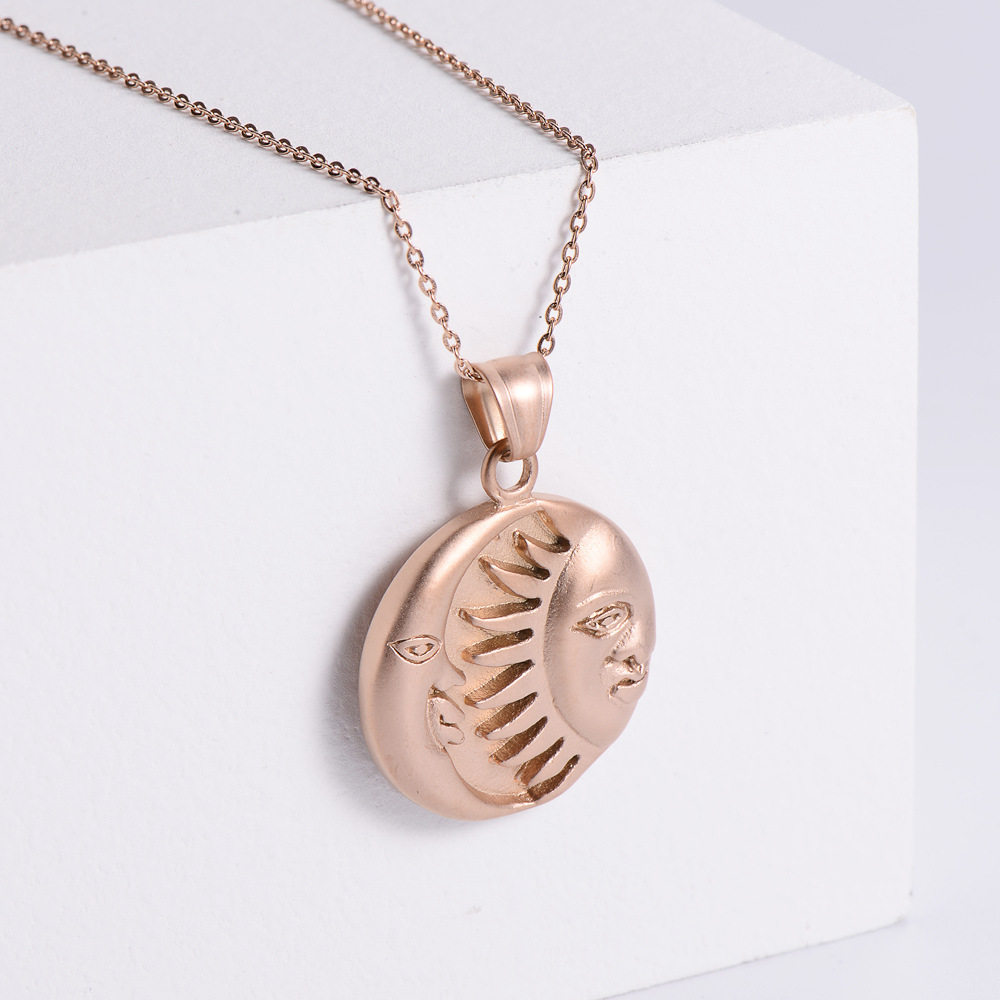 Celestial Sun Moon Face Pendant Necklace 304 Stainless Steel Rose Gold Plated Vintage Round Relief Jewelry