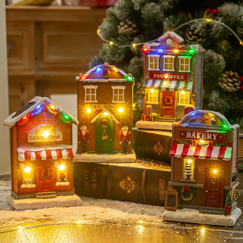 LED Lighted Christmas Village House Music Resin Miniature Building Bakery Candy Shop Toy Store For Home Desktop Xmas Holiday Decoration Gift