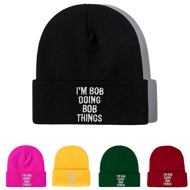 Unisex Winter Warm Knit Beanie Hat 100% Acrylic Soft Embroidered I'M BOB DOING BOB THINGS Lettering Cuffed Skull Cap For Men Women Daily Casual Versatile Outdoor Sports Accessories