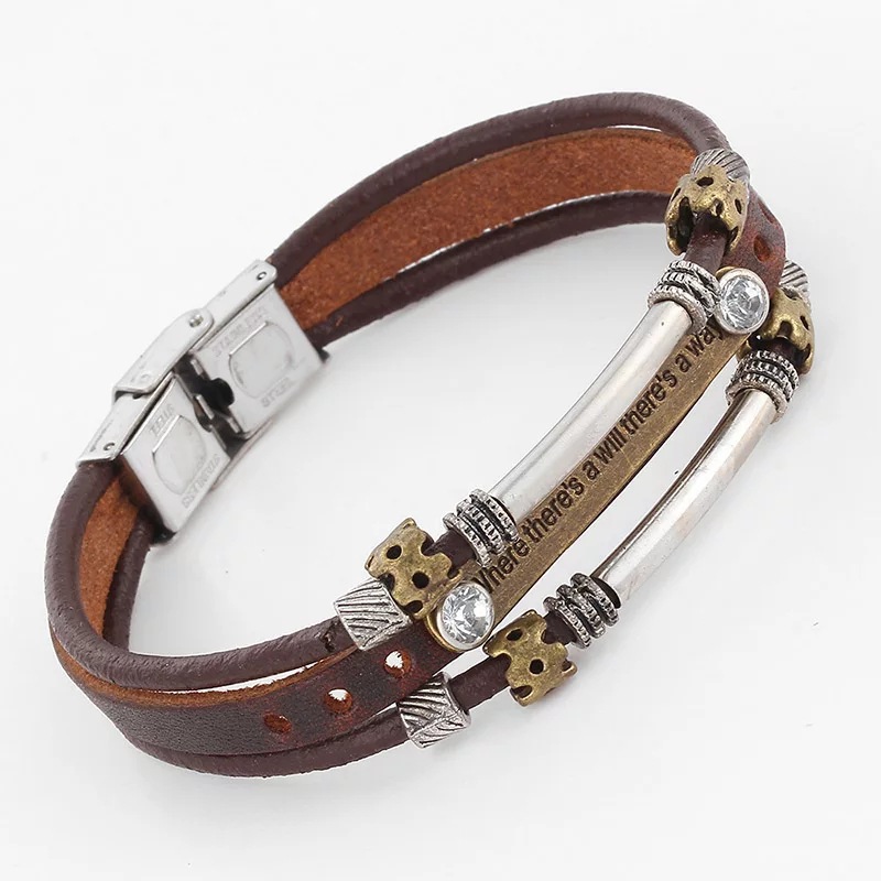 Multilayer Leather Bracelet Engraved Inspirational Quote Genuine Cowhide Alloy Retro Punk Vintage Jewelry For Men Women