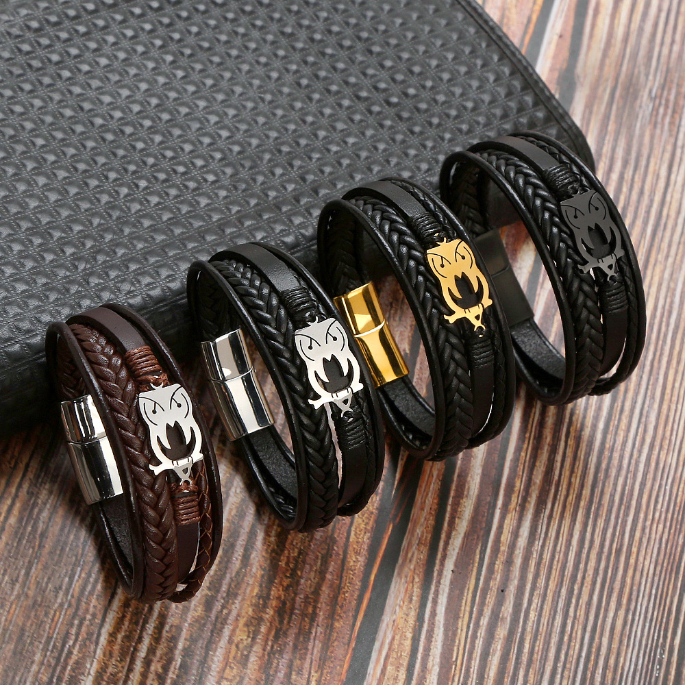 Men Leather Bracelet Woven Multilayer Stainless Steel Owl Charm Magnetic Clasp Punk Rock Jewelry