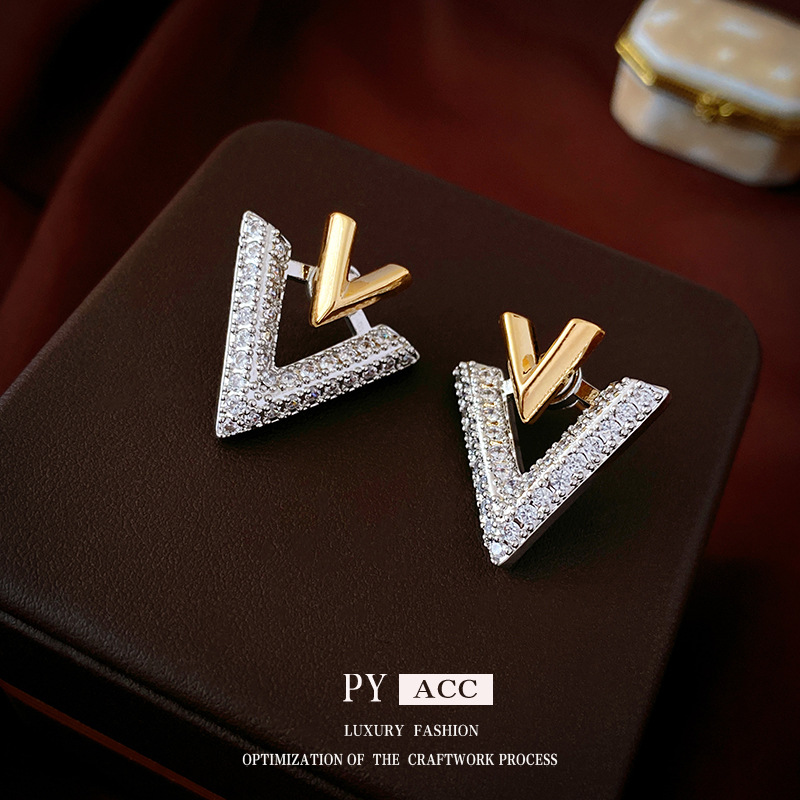 Luxury V-Shaped Bi-color Gold Silver Stud Earrings With S925 Sterling Silver Pin Zirconia Inlay Geometric Earrings For Women Jewelry