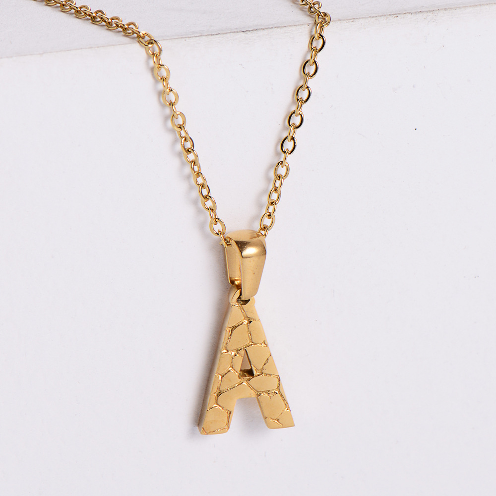 Initial Letter Pendant Necklace Stainless Steel 18K Gold Plated Textured Stone Pattern Minimalist Jewelry For Women