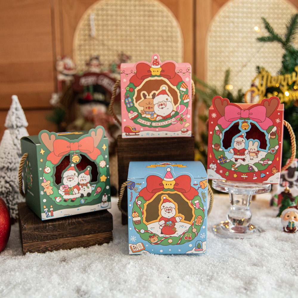 Christmas Gift Boxes Cardboard Portable Candy Apple Boxes With Handle Clear Window Santa Claus Reindeer Design Xmas Eve Party Favor Gift Boxes Packaging