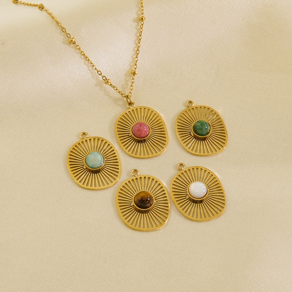 Sunburst Pendant Necklace Stainless Steel Hollow Oval Radiating Natural Stone Satellite Chain Jewelry For Women