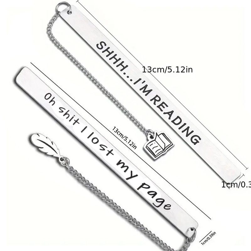 Stainless Steel Engraved Humorous Bookmarks SHHH I'm Reading Oh Shit I Lost My Page Book Feather Pendants For Bookworms Gifts Metal Page Markers