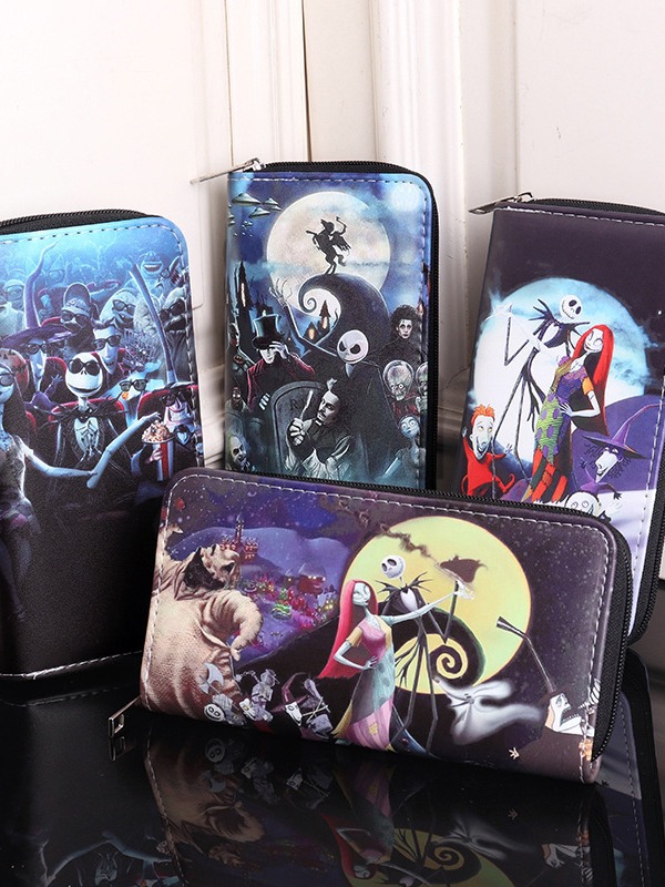 Long Zipper Wallet PU Leather Character Printed Multi Card Slot Purse Gothic Halloween Gift For Men Boys Nightmare Before Christmas Joker Wednesday Theme Wallet