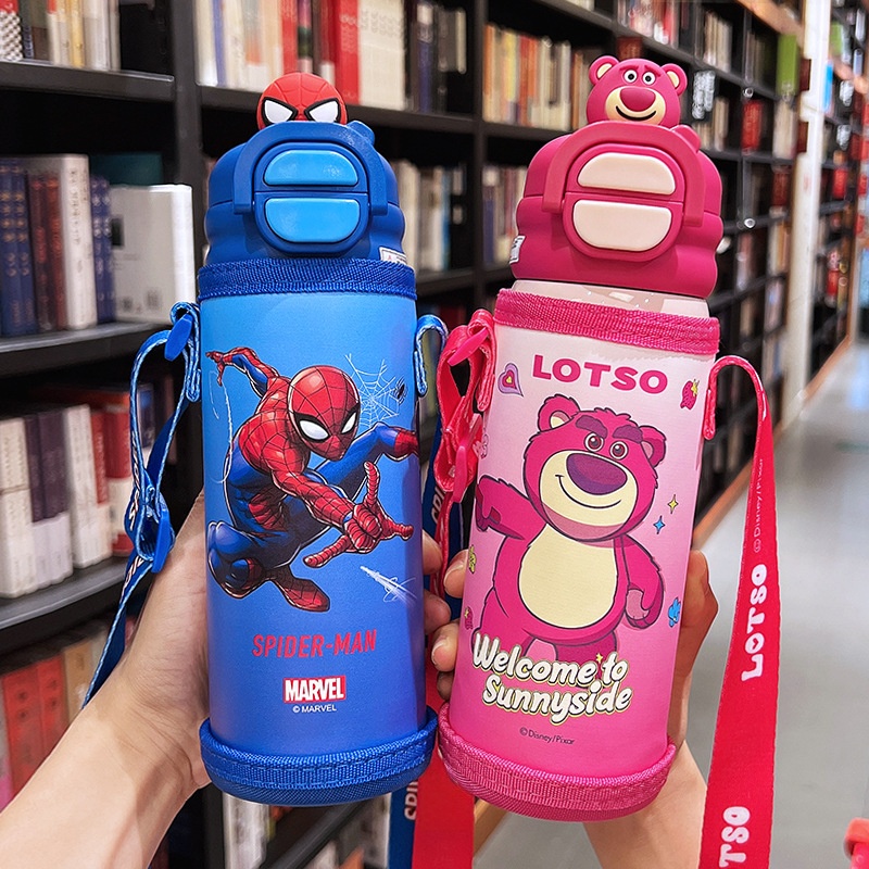 500ml 316 Stainless Steel Cartoon Kids Vacuum Flask Dual Drink Water Bottle With Shoulder Strap And Gift Box For School Students Lotso Spider-Man Mickey