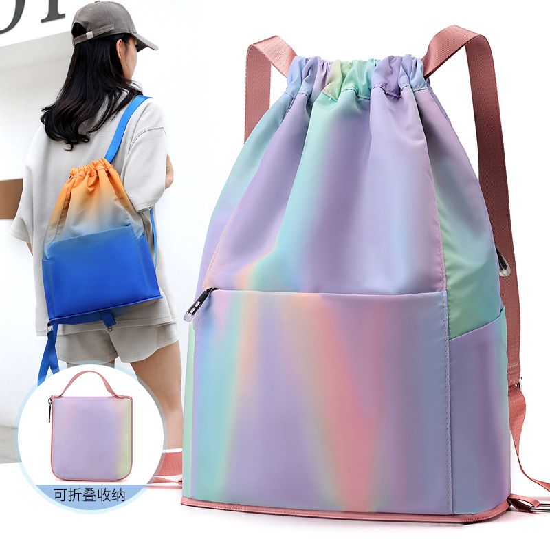 Large Capacity Gradient Drawstring Backpack Waterproof Nylon Foldable Sports Bag For Gym Travel Hiking Outdoor Unisex Gym Sack With Multi Pockets