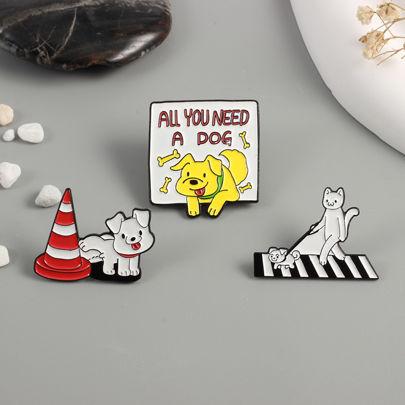 Kawaii Cartoon Cat Dog Enamel Pin Badge Set Cute White Puppy Peeing At Traffic Cone Kitten Crossing Zebra Crossing All You Need A Dog Alloy Brooch For Backpack Clothing Accessories Gift