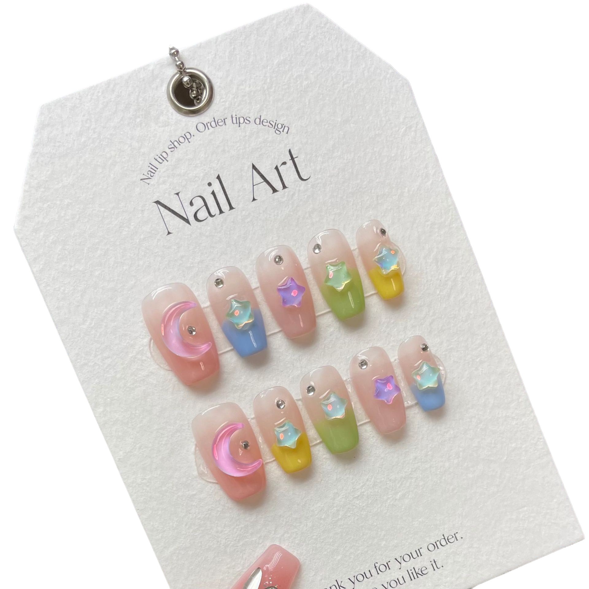 Handmade Star Macaron Press On Nails 3D Star Moon Rhinestone Coffin Fake Nails Sweet Dopamine Style Jelly Translucent Acrylic Nail Tips For Women view 5
