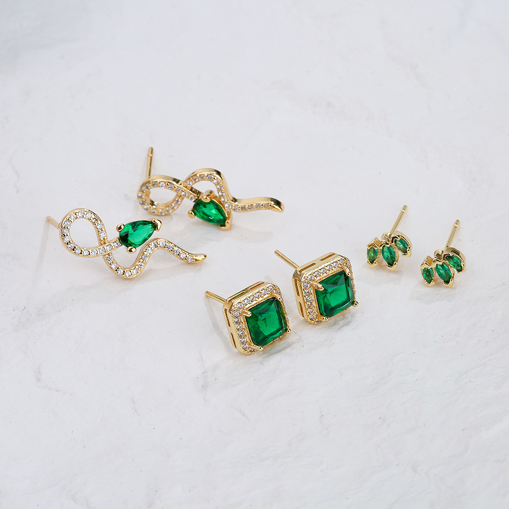 Green Zircon Stud Earrings Copper 18K Gold Plated Snake Square Geometric Style Fashion Jewelry For Women