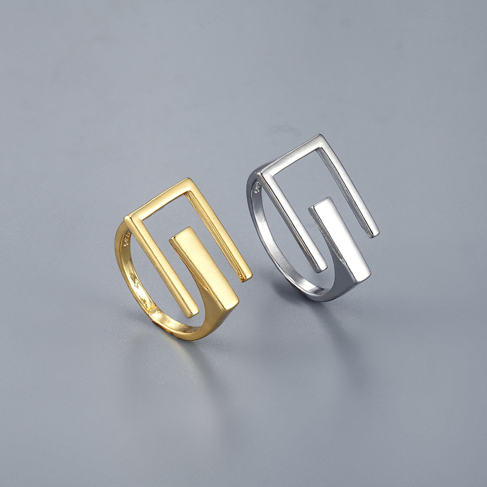 Geometric Interlocking Rectangle Open Adjustable Ring 925 Sterling Silver Minimalist Jewelry For Women Men