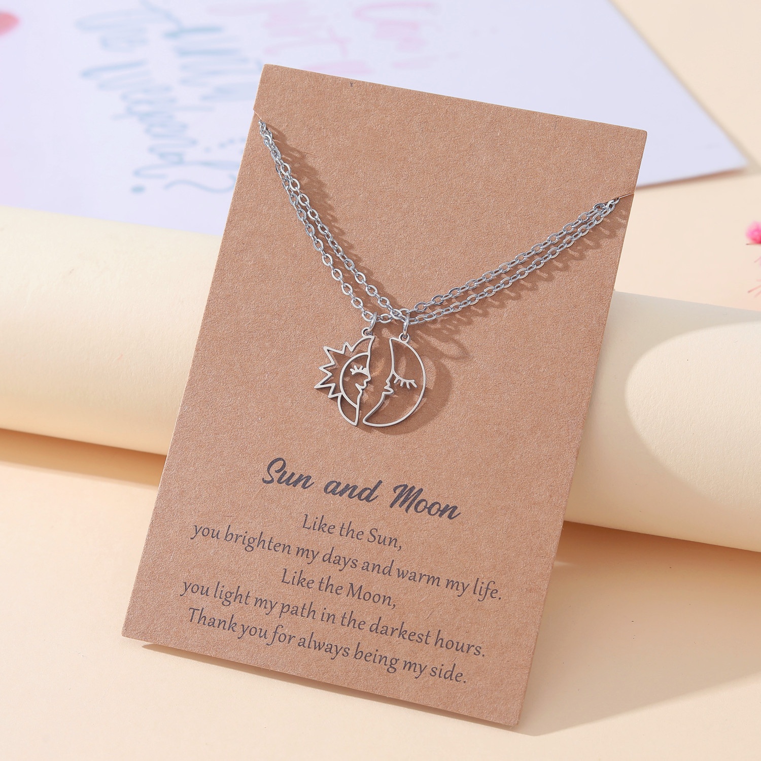 Sun And Moon Interlocking Pendant Necklaces Stainless Steel Clavicle Chain Jewelry For Couples Friends With Message Card
