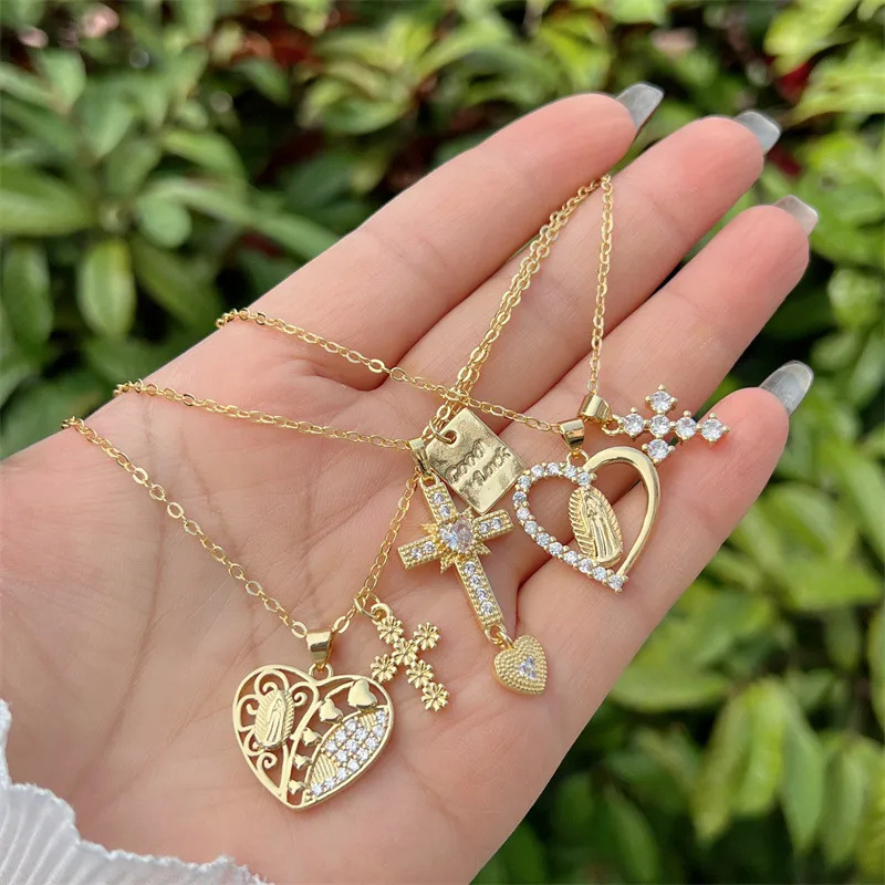 18K Gold Plated Copper Virgin Mary Cross Pendant Necklace AAA+ Cubic Zirconia Retro Religious Heart Good Luck Charm Jewelry For Men Women Daily