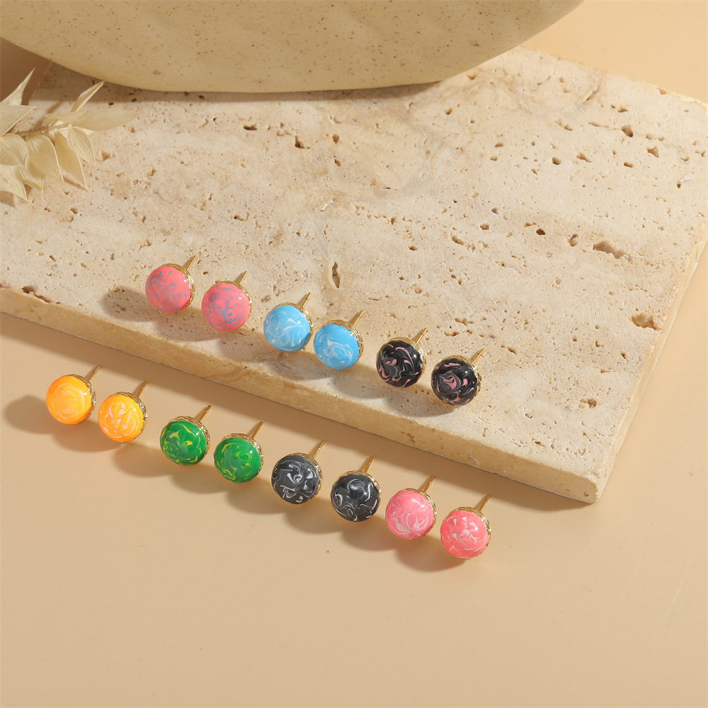 Retro Round Stud Earrings French Minimalist Copper Resin Marble Pattern Jewelry For Women