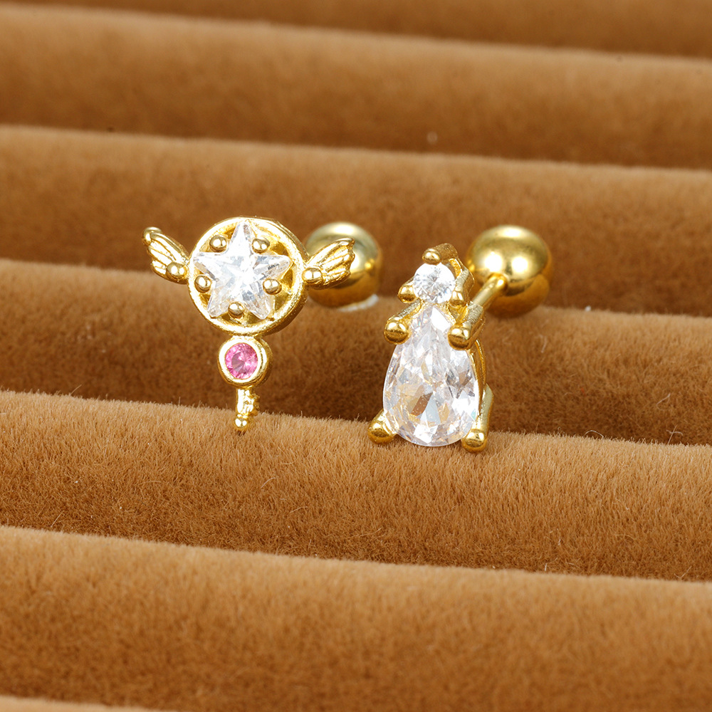 Copper Zircon Cartilage Ear Piercing Studs Asymmetric Winged Star Teardrop Screw Ball Back Punk Style Jewelry Women