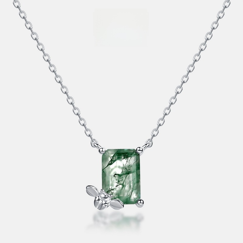 Square Natural Green Moss Agate Necklace With Silver Bee 925 Sterling Silver Chain For Women Elegant Jewelry
