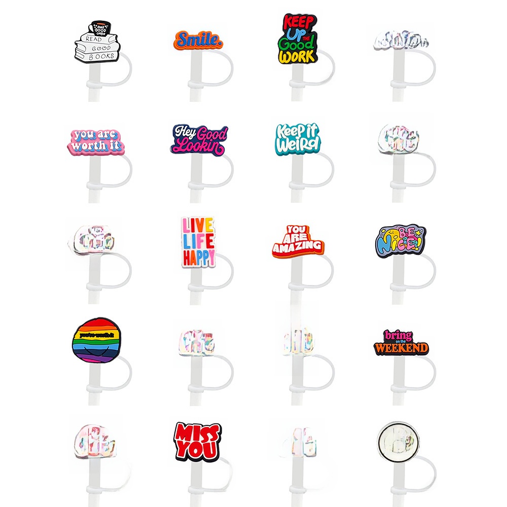 20 Styles Silicone Straw Cover Cap Inspirational Quote Straw Toppers For 8-10mm Stanley Cup Straws Reusable Dustproof Drinking Straw Plug Accessory