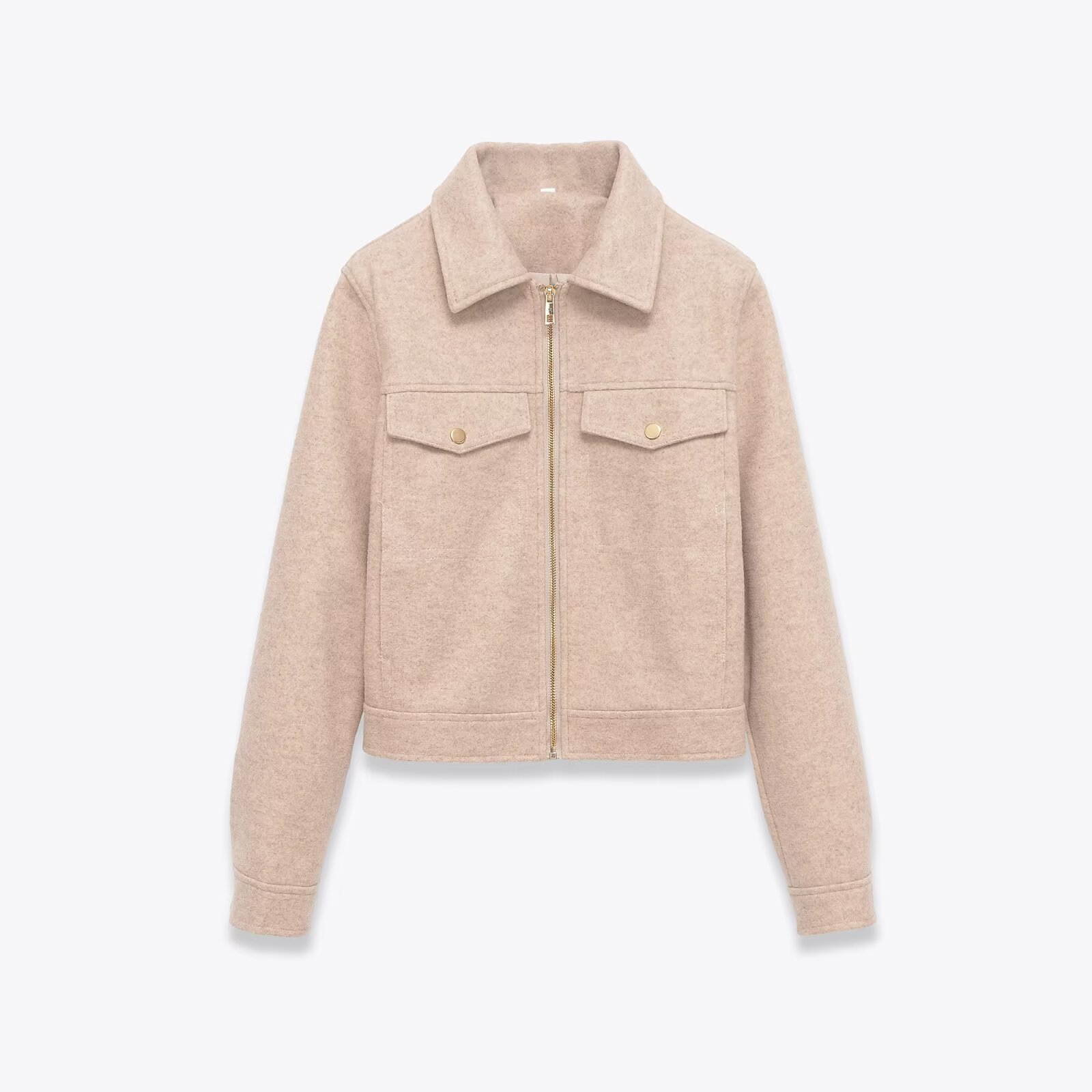 Women's Short Jacket Oatmeal Polyester Wool Look Lapel Zipper Outerwear Casual Streetwear Autumn Coat With Pockets For Women