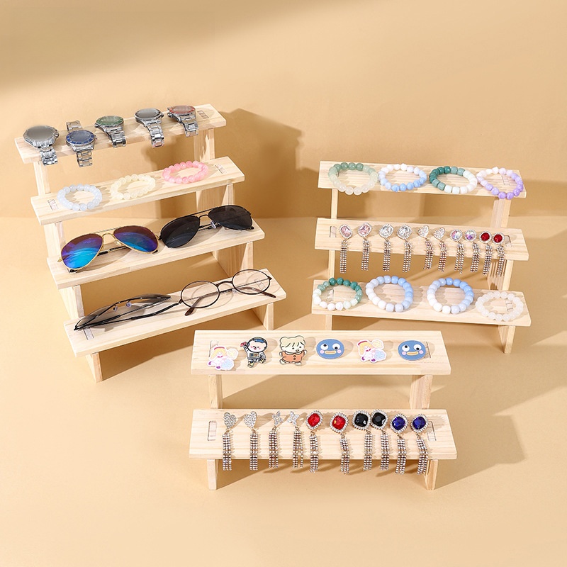Wooden Tiered Display Stand Solid Wood Jewelry Organizer Ladder Shelf For Action Figures Glasses Watches Perfume Desktop Storage Rack