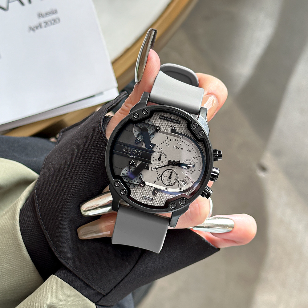 Large Dial Multi-Functional Quartz Watch Silicone Strap Waterproof Dual Time Zone Calendar Sporty Casual Unisex Wristwatch Fashion Jewelry