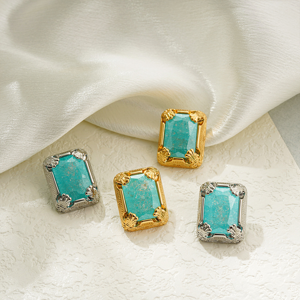 Vintage Rectangular Stud Earrings Copper 18K Gold Plated Ice Blue Gemstone Carved Filigree Window Frame For Women