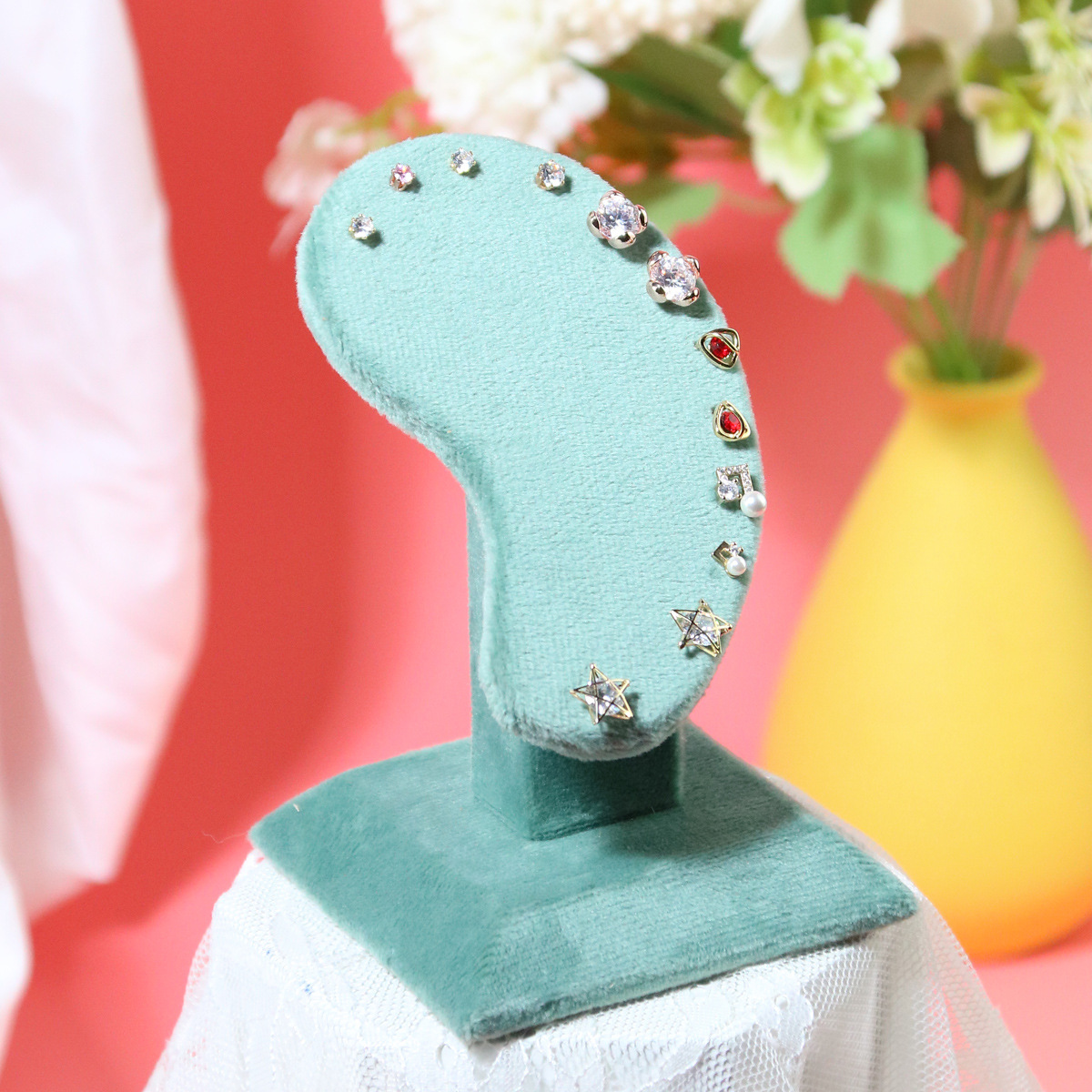 Professional Velvet Jewelry Display Stand Mint Green Earring Holder Necklace Organizer Props For Shop Window Jewelry Store Counter Display