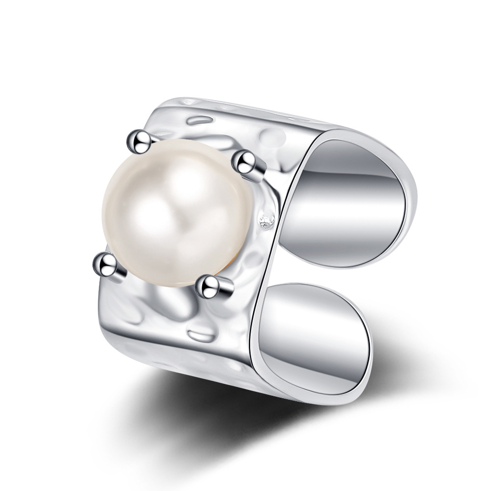 Wide Band Pearl Ring Copper Hammered Irregular Texture Adjustable French Retro Elegant For Women