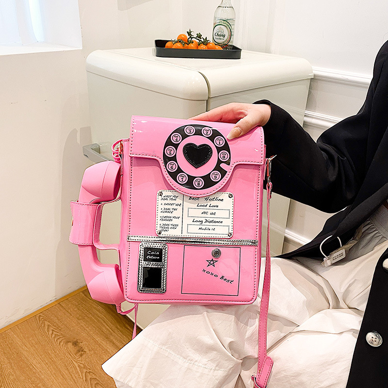 Creative Retro Rotary Phone Shaped Crossbody Bag Patent PU Leather Funny Dial Shoulder Bag With Handset For Women Party Streetwear Y2K Fashion Purse