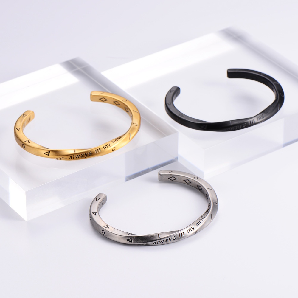 Mobius Twist Cuff Bangle 316L Stainless Steel Always In My Heart Engraved Vintage Hip Hop Bracelet For Men Women
