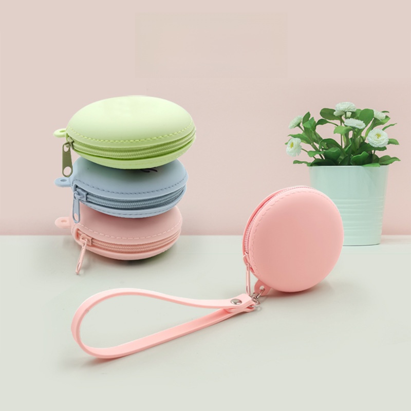 Cute Macaron Silicone Coin Purse Mini Round Zipper Storage Bag With Hand Strap Portable Travel Earphone Pouch For Coins Keys Cards Women Kids