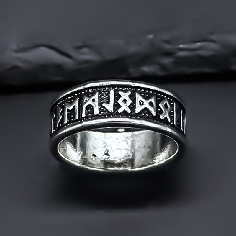 Vintage Nordic Viking Rune Alloy Ring For Men Women Retro 8mm Wide Band Elder Futhark Engraved Statement Ring Nordic Mythology Jewelry Gift Streetwear Accessory