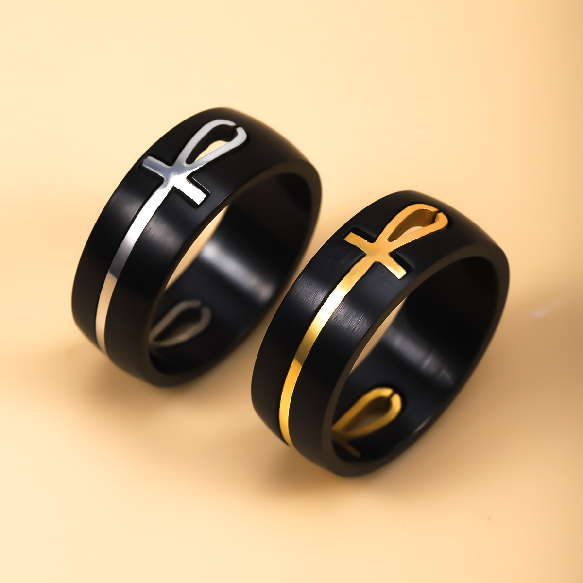 Vintage Egyptian Ankh Cross Stainless Steel Ring For Men Women Punk Matte Black Ancient Life Symbol Band Ring Retro Religious Jewelry Accessory Gift