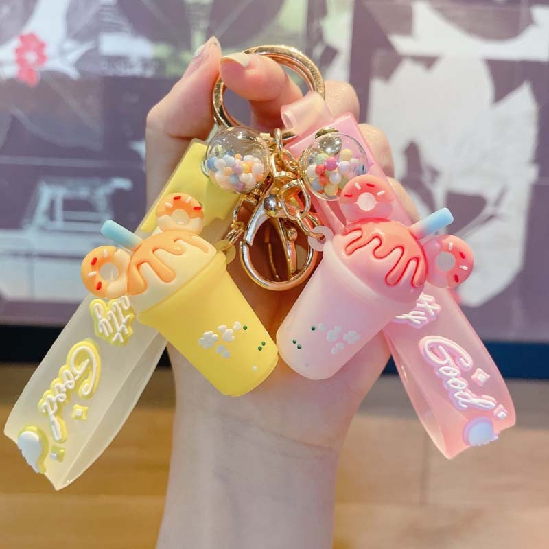 Cute Cartoon Ice Cream Drink Cup Keychain With Silicone Wristlet Pretty Good Letter Strap Resin Donut Milk Tea Cup Bag Charm For Women Kids Key Ring Gift
