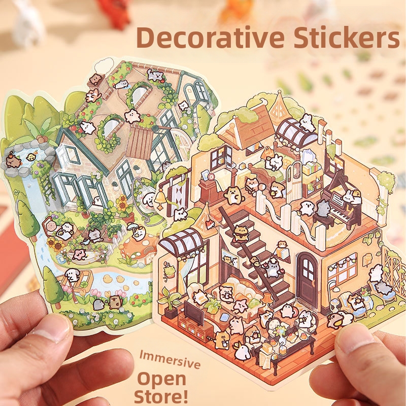 DIY 3D Scene Stickers Set PVC Pre-cut Fairy Tale House Buildings Decorative Stickers With Cardboard For Kids Students Scrapbooking Journaling Gift