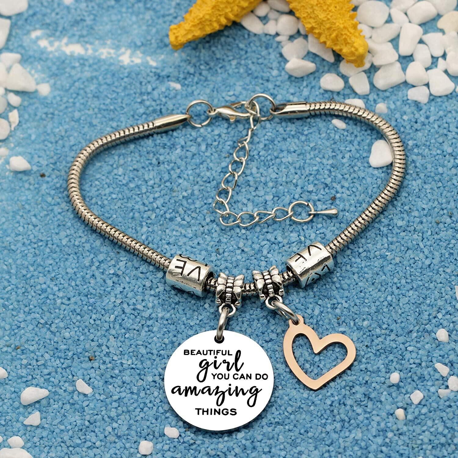 Beautiful Girl You Can Do Amazing Things Motivational Bracelet Stainless Steel Snake Chain Bracelet With Heart Pendant Inspirational Jewelry Gift For Women Girls