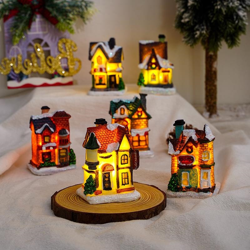 LED Glowing Christmas Village House Resin Miniature Snow Landscape Building Ornament For Holiday Party Home Tabletop Decoration Gift